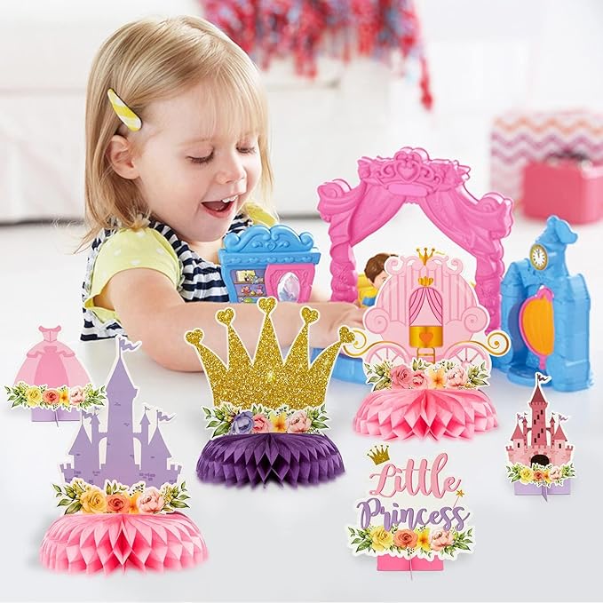 12Pcs Floral Princess Party Honeycomb Centerpieces Princess Theme Party Decorations Supplies Pink and Gold Castle Crown Carriage Baby Shower Birthday Table Toppers for Girls