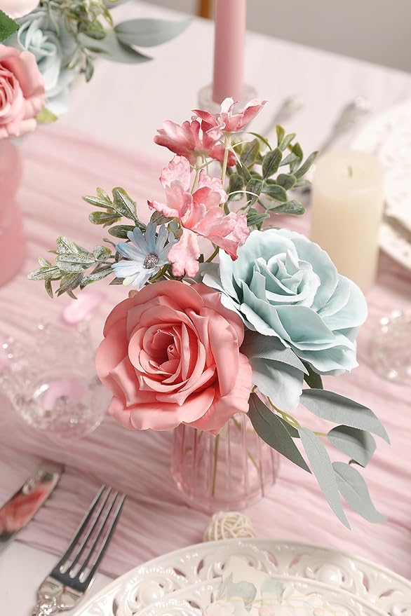 Blue Pink Artificial Flowers Combo Set Fake Flower Leaf Box with Stemst for DIY Wedding Bridal Bouquet, Centerpieces, Home Decor, Floral Arrangement Decor