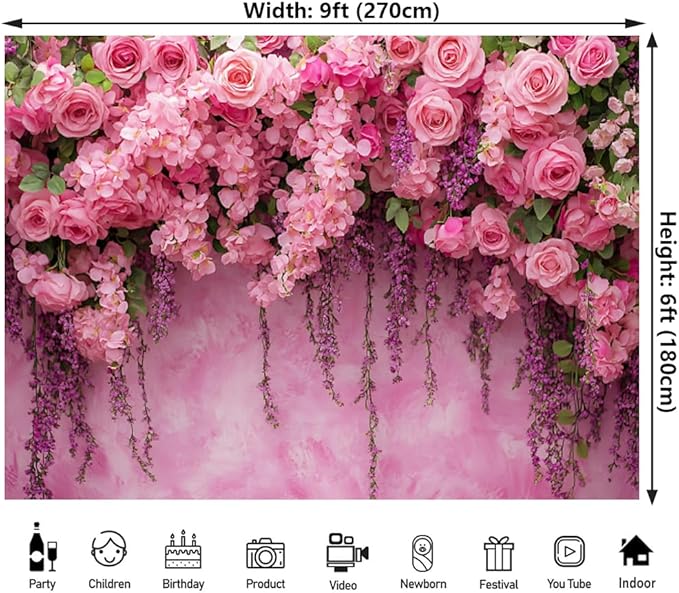Pink Rose Flower Wall Backdrop for Birthday, Wedding, Bridal Shower, Valentine Day Background for Bridal Shower Party Decorations (Pink, 9x6ft)