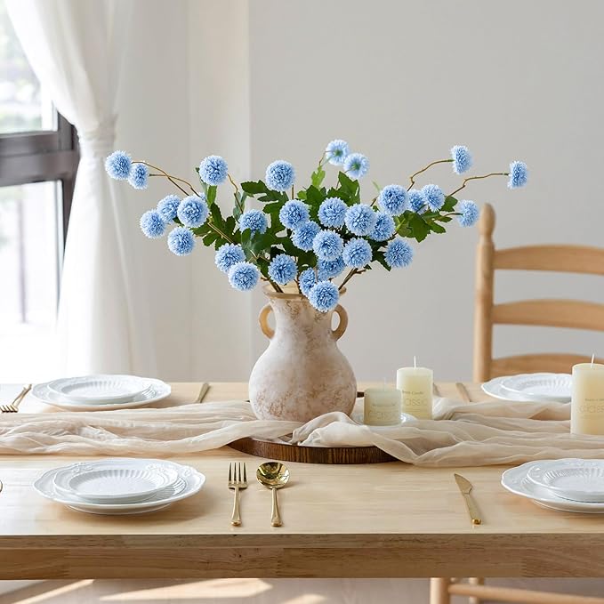 mizii 6Pcs Blue Fake Silk Pompon Mum Artificial Flowers Bulk Small Faux Chrysanthemums with Stems Realistic Floral Decorations for Wedding DIY Bouquet Centerpieces Shower Vase Home Decor (Light Blue)