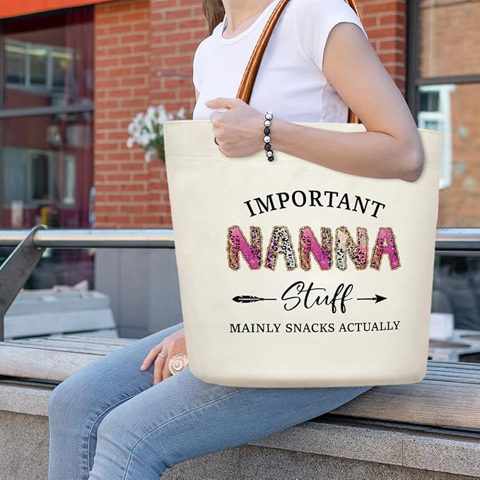 Canvas Tote Bag for Women, Important Stuff Bag with Leather Handle, Reusable Grocery Bags for Shopping Beach Travel