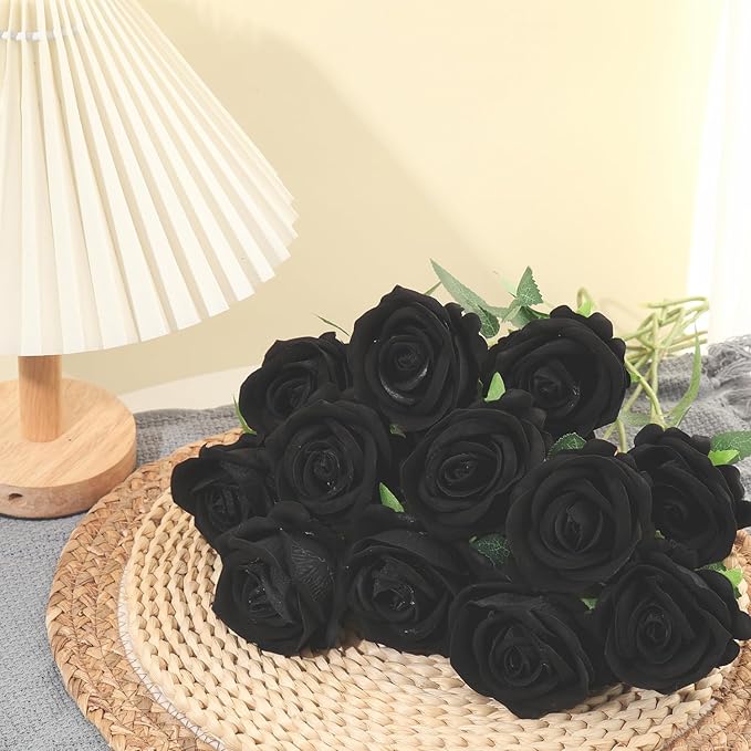 12Pcs Black Roses Artificial Flowers Fake Roses Faux Velvet Silk Flower for Home Wedding Decoration (Pearl Rose, Black)