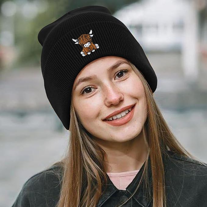 Scottish Highland Cow Beanie Hat, Cute Funny Cow Embroidery Winter Knit Skull Cap for Adult Men Women