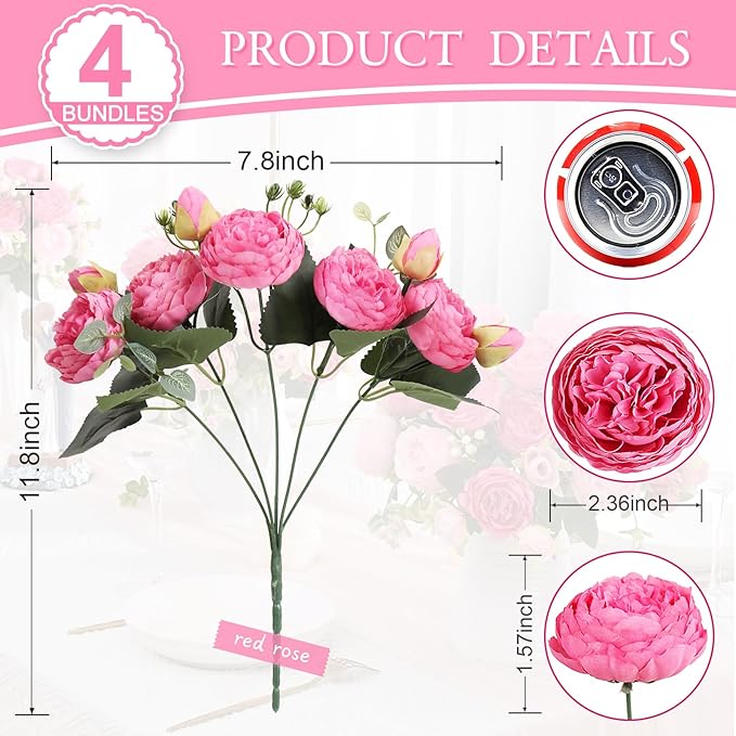 DEEMEI Artificial Peony Flower Silk Peonies Bouquet 4 Bundles Fake Flowers Bulk for Home Wedding Party Decor (Red Rose)