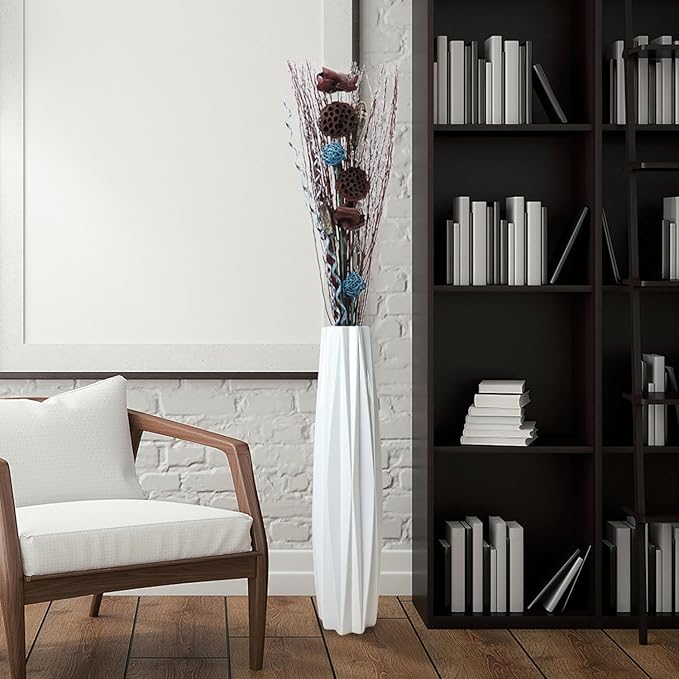 White Floor Ceramic Vase 28 Inches Tall Flower Holder Decorative Large Vases for Table Centerpieces Shelf Home Decor Living Room Branches Sky-Dried Flower Arrangement Simple Decorative