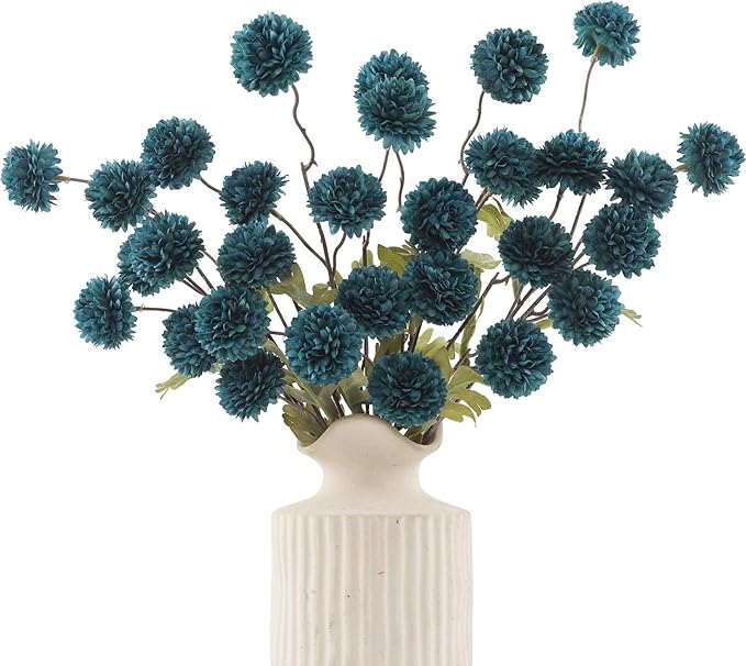 DuHouse 6pcs Artificial Flowers Faux Silk Pompon Mum,Silk Small Mini Chrysanthemum Ball with Stems for DIY Bouquets Centerpieces Vase Home Table Kitchen Decorations(Peacock Blue)