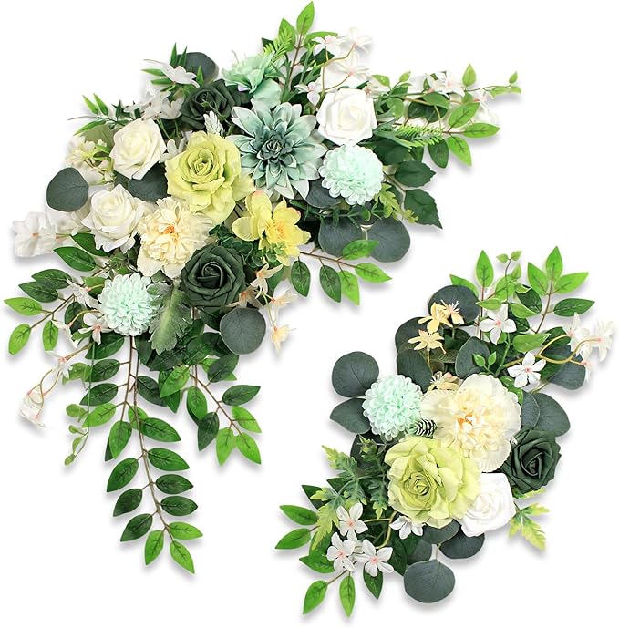 Pack of 2 Wedding Arch Decorations Artificial Hanging Flowers Floral Swag for Wedding Welcome Sign Backdrop Balloon Arch Home Party Bridal Ceremony Reusable(White Green)