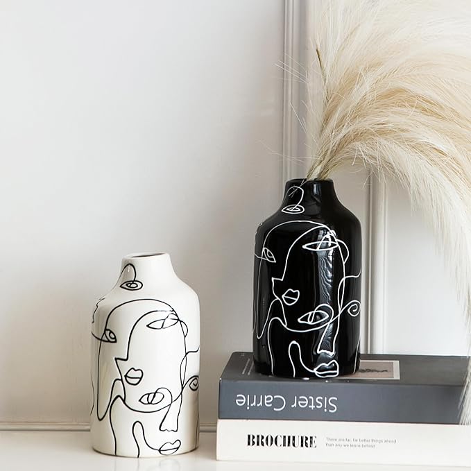 Kimdio Ceramic Vase Set, 2pcs Black and White Abstract Irregular Design Flower Vases, Modern Home Decor Living Room Decor Minimalist Decorative Vase for Pampas Grass