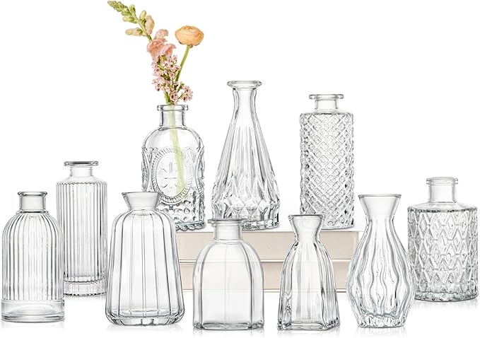 Glass Bud Vases Set of 10, Small Clear Vase in Bulk for Centerpieces, Mini Flower Vases for Rustic Wedding Vintage Home Table Decor