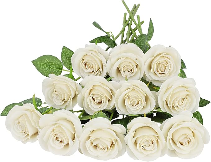 12pcs Roses Artificial Flowers Beige Silk Roses with Long Stems Fake Flowers for Wedding Bouquet Centerpices Decorations Party Bridal Baby Shower Home Decor