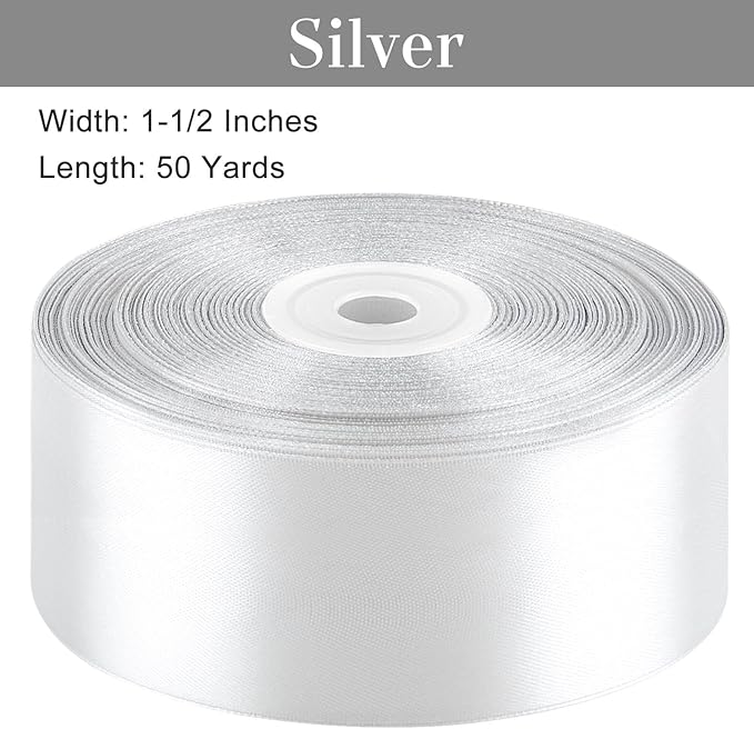 1-1/2 Inches 50 Yards Silver Satin Ribbon, Solid Fabric Ribbon Roll for Flower Bouquets, Gift Wrapping, Wedding, Handmade Crafts