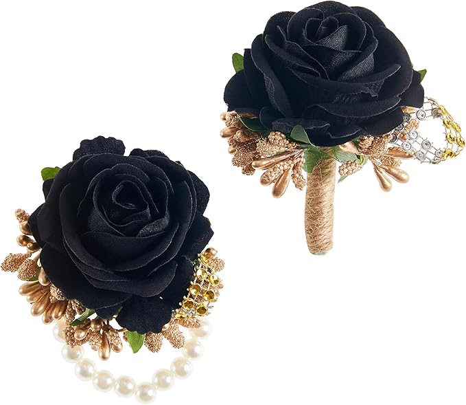 SITUMEIZI 2Pcs Black Corsage and Boutonniere Set Corsage Wristlet for Prom Decor Boutonniere for Men Wedding Flowers Accessories Party Suit Decoration