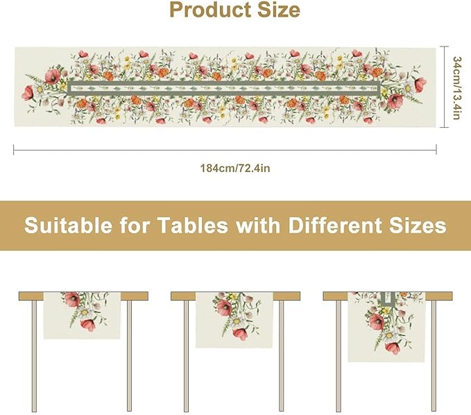 Watercolor Floral Table Runner, Red Wildflowers Botanical Nature Farmhouse Design Table Runner for Kitchen Dining Home Party, 13x120 Inch