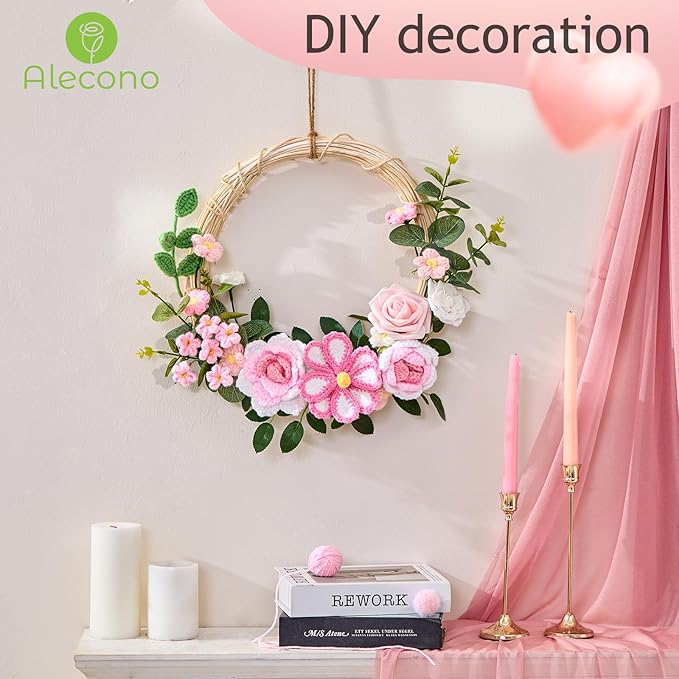 Alecono Crochet Flower Bouquet, Knitted Flowers, Pink Handmade Bouquet of Flowers for Lover Anniversary Birthday Party Mother's Day Graduation Gifts (Include Card)