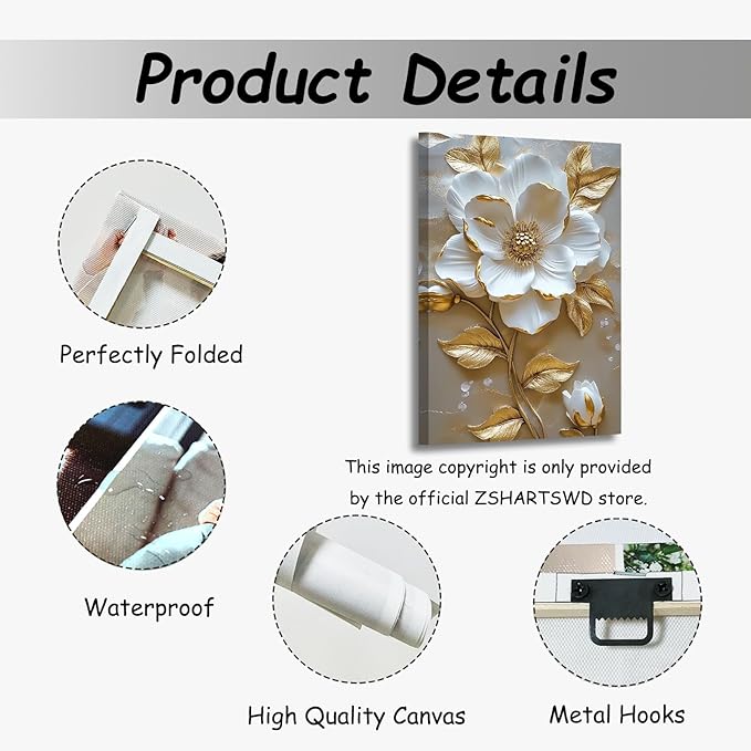 ZSHARTSWD Abstract White & Gold Floral Canvas Wall Art Elegant Flowers Pictures Prints White Flower Golden Leaves Painting Living Room Bathroom Decor Framed (Beige, 18L x 12W)