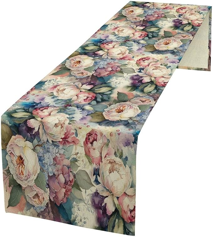 Vintage Floral Table Runner,Girls Women Rose Romantic Leaf Botanical Watercolor Pattern Print Burlap for Hotel Indoors Outdoor Dining Room Kitchen Holiday Party, 13x108in