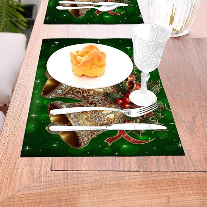 PVC Placemats Set of 4 Wipeable Table Mats Washable Heat Resistant Non Slip Vinyl Dining Table Mat for Kitchen Indoor Outdoor Patio Farmhouse Place Mats Green Christmas Bell Decorative