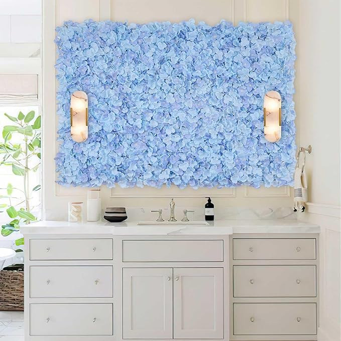 Blue Flower Wall Panels Backdrop: Wedding Artificial Flower Wall Backdrop 3.75ft by 5ft Hydrangea Floral Wall for Anniversary Graduation Party Decoration (12 Pcs 15 x 15 Inch)