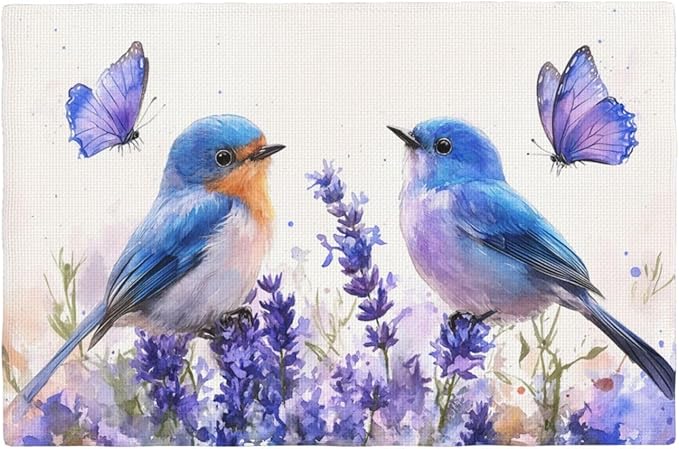 Lavender Birds Placemats Set of 4 Washable Table Mats Spring Floral Flower Heat-Resistant Cotton Linen Place Mats for Dining Table Kitchen Indoor Outdoor Party Holiday Decor