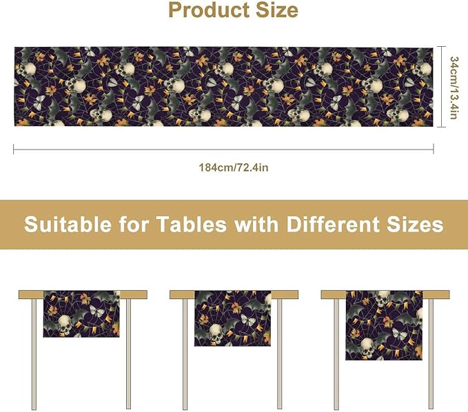 Gothic Table Runner,Vintage Moth Skull Bat Print Table Runner for Home Kitchen Table Dining Garden Farmhouse Wedding Party Decor 13x90 Inch