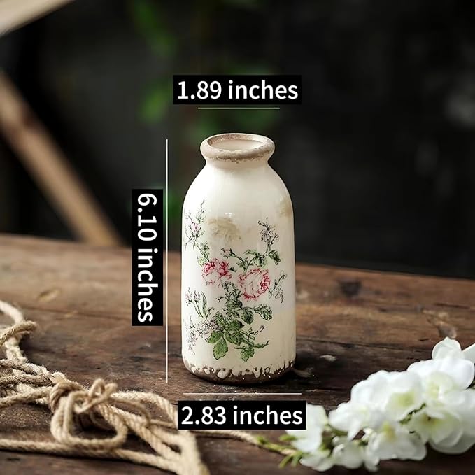Vintage Rose-Floral Small Ceramic Vase Set, Retro Rustic Farmhouse Cute Flora Vase Gift, Art Décor for Your Home, Kitchen, Bedroom, Office, Living Room, Bathroom & Shelf Centerpiece Table Decorations