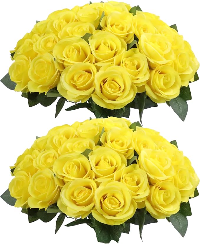 52pcs Yellow Roses Artificial Flowers Fake Flowers Silk Roses with Stems for DIY Wedding Bouquets Bridal Shower Centerpieces Arrangements Party Decorations