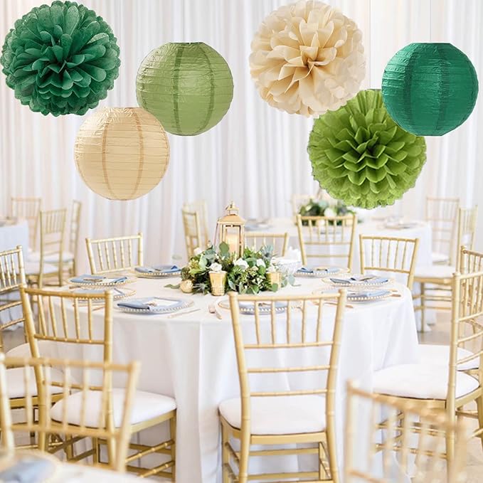Sage Green Paper Flowers Tissue Pom Poms Honeycomb Lanterns 15pcs Party Decorations Boho Birthday Wedding Baby Bridal Shower Neutral Bachelorette Graduation Safari Hanging Supplies Mprocherify