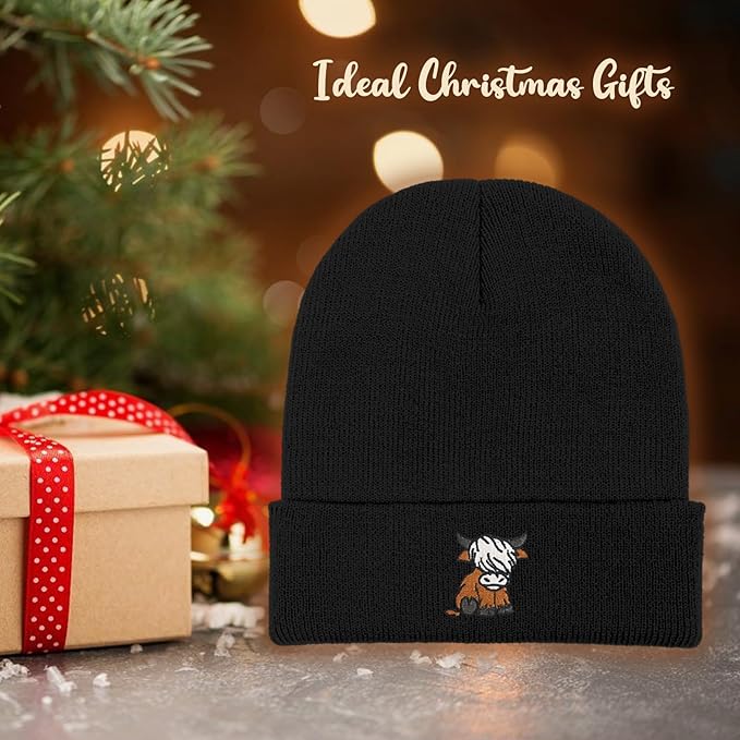 Scottish Highland Cow Beanie Hat, Cute Funny Cow Embroidery Winter Knit Skull Cap for Adult Men Women