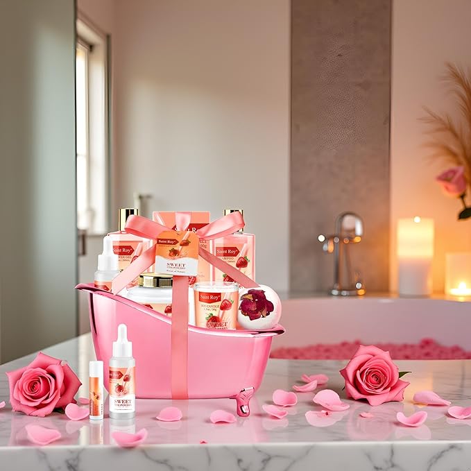 Spa Kit for Women, Bath & Body Gift Set, Luxury Home Spa Bath Gift Basket, Strawberry Scented Bath Set Christmas Gifts for Women, Pamper Gifts for Girls & Teens, Birthday Gift, Bath Self Care Gift