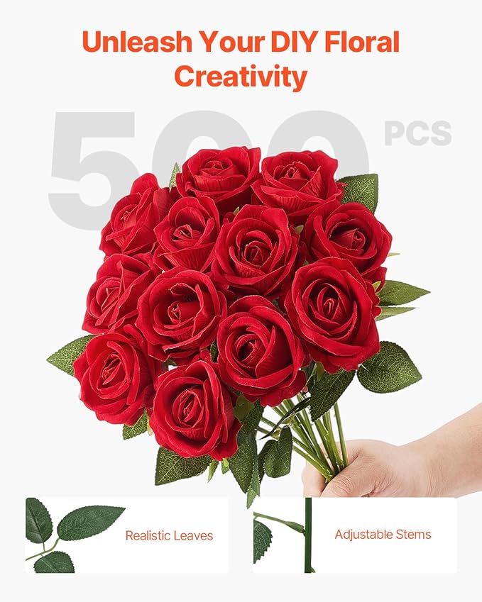 VEVOR Artificial Flowers, 500 pcs Real Looking Red Foam Fake Roses Bulk, Faux Red Bridal Shower with Stems for DIY Wedding Bouquets, Home Centerpieces Arrangements, Party Tables Decorations