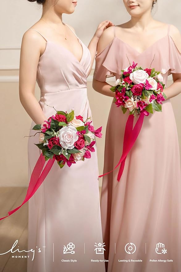 Ling's moment Blush Pink Bridesmaid Bouquet Set of 4, Pink Wedding Bouquets for Bridesmaids, 7 Inch Bridal Bouquets for Bridesmaids, Wedding, Ceremony, Anniversary, etc.