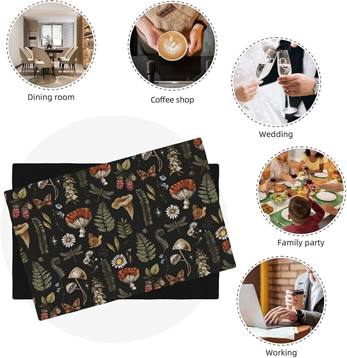 Mushroom Placemats Set of 4,Vintage Gothic Mushroom Fern Kitchen Place Mats Linen 12x18 Inch,Black 4 PCS, Style-5