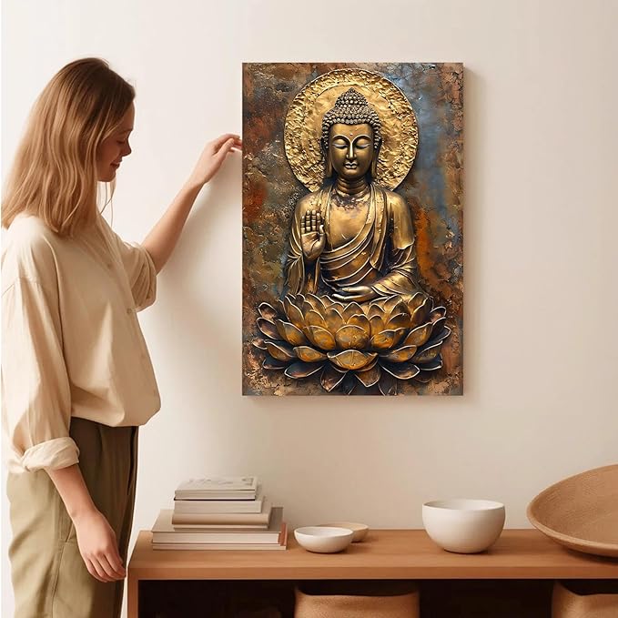 Buddha Wall Art Golden Buddha in Lotus Seat Serene spiritual statue radiant aura Meditation and mindfulness wall art suitable for sacred spaces 24x36in Wood Framed