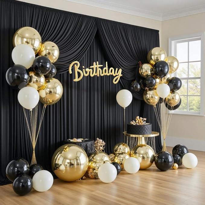 PartyVillage 10ft×15ft Black Backdrop Curtain for Wedding Parties, 2 Panels Wrinkle Free 15 FT Long Polyester Photo Backdrop Drapes Back Drop Cloth for Birthday Photography Background