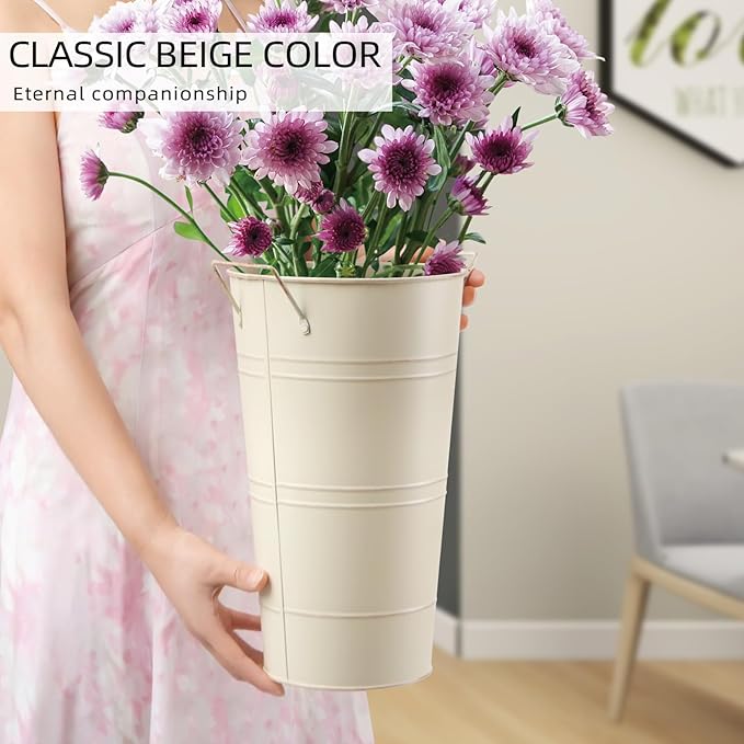 Notakia 12 Inch Large Galvanized Metal Vases Farmhouse French Flower Bucket Vases for Cut Flowers for Home Decor and Wedding Table Centerpiece Decorations (Large Beige 4Pcs)