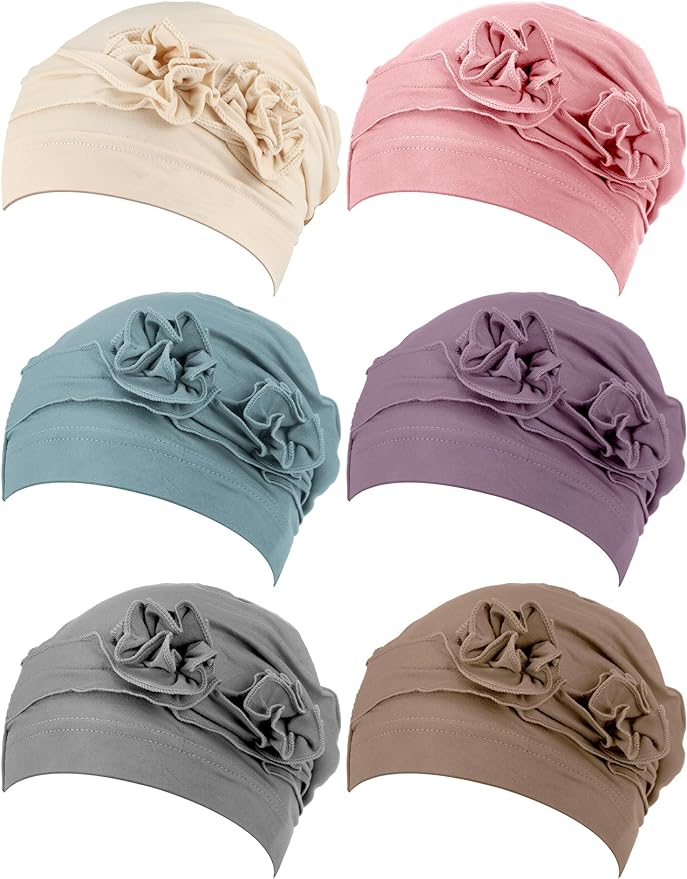 JenPen 6 Pcs Chemo Headwear for Women Stretchy Soft Turbans for Cancer Solid Beanie Flower Chemo Caps for Hair Loss