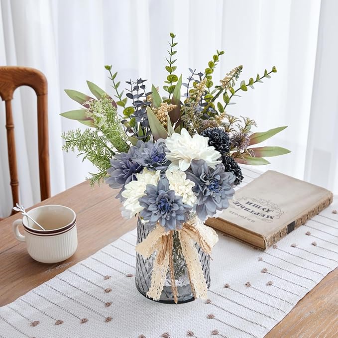 Wracra Artificial Flowers in Vase, Silk Fake Flowers with Vase, Faux Flowers Table Centerpieces for Dining Room, Bathroom Farmhouse Kitchen Coffee Table Decor (White Blue Dahlia,Grey)