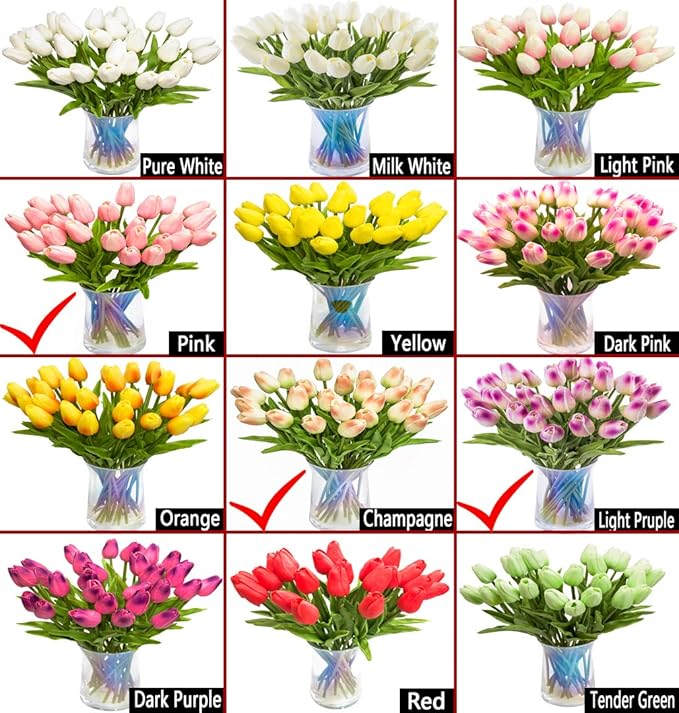 30pcs Artificial Tulips Flowers Real Touch Multicolored Tulips Fake Holland PU Tulip Bouquet Latex Flowers for Wedding Party Office Home Kitchen Decoration (Champagne Light Purple Pink)