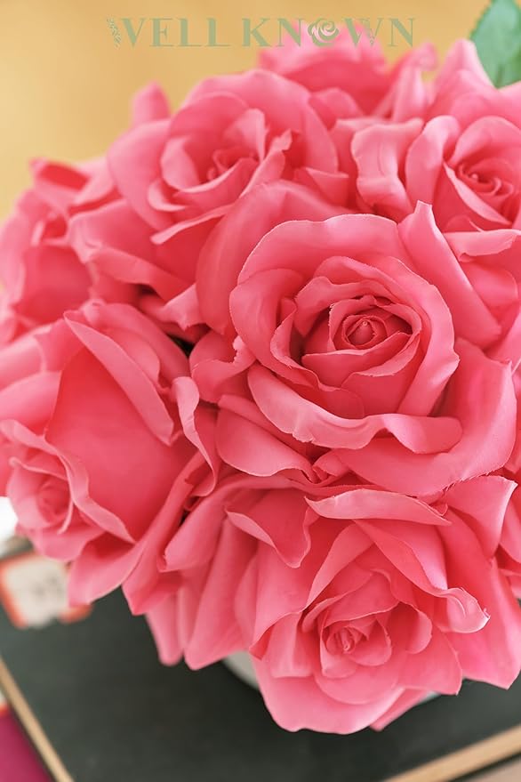 WELL KNOWN Artificial Flowers in Vase, Silk Rose Arrangement Mini Potted Realistic Fake Flowers with Ceramic Vase for Wedding Vanity Home Centerpiece Coffee Table Bathroom Anniversary Decor (Hot pink)