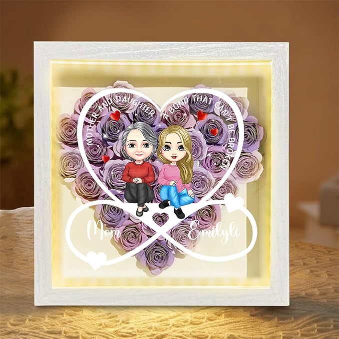 Personalized Mom Flower Shadow Box with LED Light Custom Heart Shaped Rose Flower Shadow Box Frame Mother and Daughter A Bond That Can't Be Broken Mother's Day Portrait Shadowbox Memory Gifts