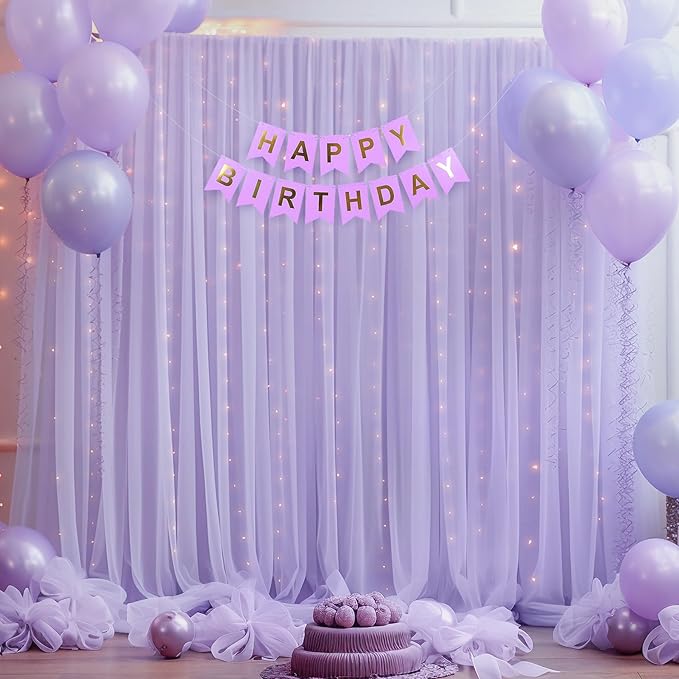 10x8ft Purple Tulle Backdrop Curtain with Lights String for Parites, Sheer Backdrop Curtains for Wedding Baby Shower Birthday Party Photo Shoot Decorations