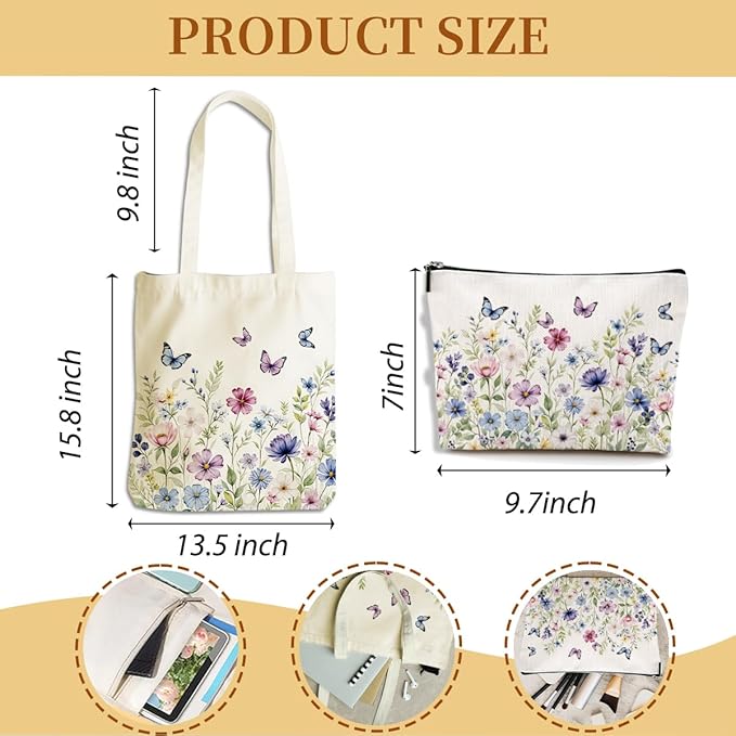 Flower Plant Lover Gifts for Women Canvas Tote Bag with Makeup Bag Cosmetic Bags Grocery Bags for Shopping Christmas