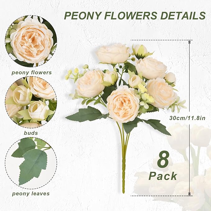 MARTINE MALL 8 Packs Peonies Artificial Flowers, Champagne Artificial Peonies, Silk Peonies Flowers Fake Peonies Artificial Flowers Peonies Bouquet for Centerpiece Table Wedding Party Home Decor