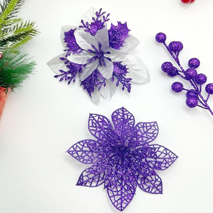 24Pcs Christmas Poinsettia Artificial Flowers and Glitter Berries Kit, 2 Styles Total 16Pcs Christmas Tree Flowers Ornaments, 8Pcs Christmas Tree Picks for Wedding Holiday Decorations, Purple