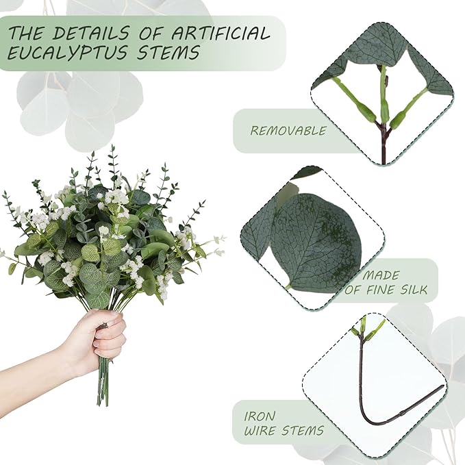Artificial Eucalyptus Leaves Stems 120 Pcs 4 Kinds Mixed Fake Silver Dollar Eucalyptus Leaves Stem with Babysbreath Bulk Faux Leaf for DIY Bouquets Floral Arrangement Wedding Home Decor