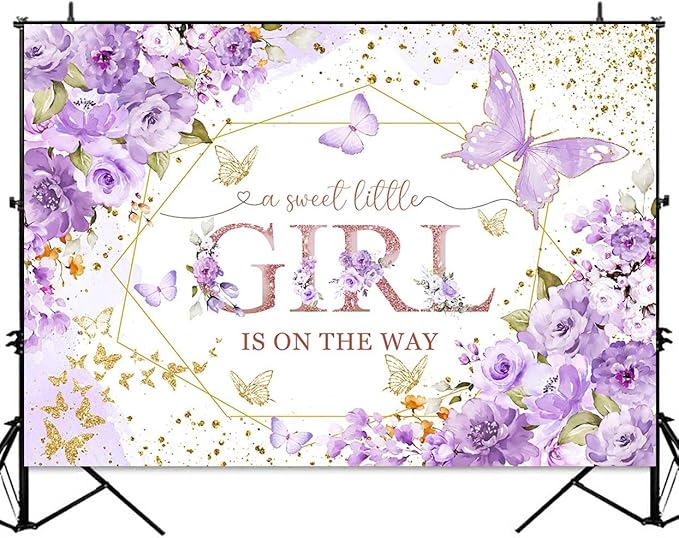 Sensfun Butterfly Baby Shower Backdrop A Sweet Little Girl is On The Way Photography Background Purple Butterfly Floral Princess Baby Shower Decorations Banner Party Supplies Photoshoot Props 10x7ft