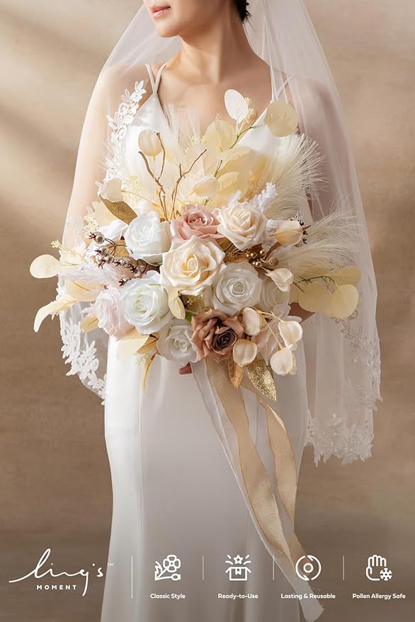 Ling's moment Boho Wedding Bouquets for Bride, White Beige and Gold Bridal Bouquets for Bride, 15 Inch Free Form Artificial Wedding Flower Bouquet