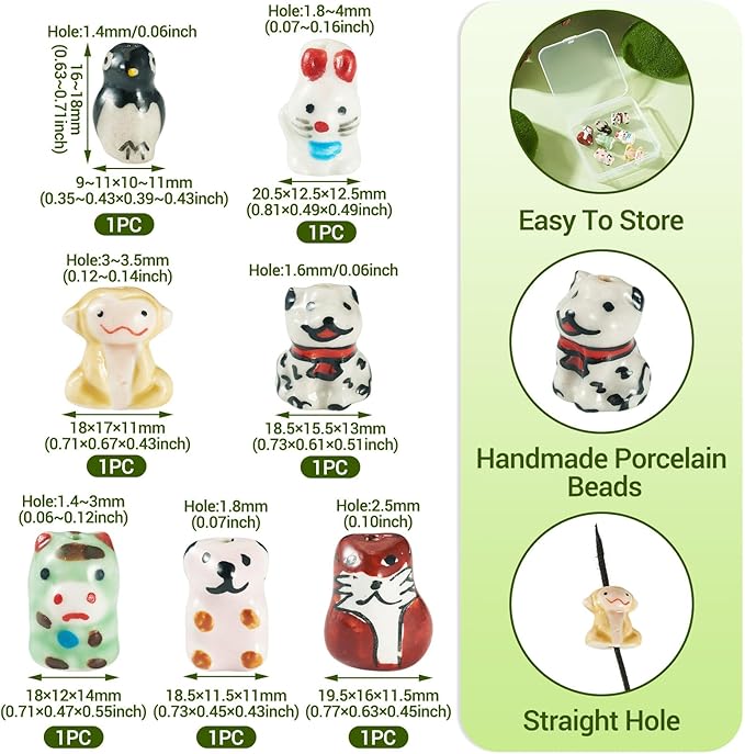 Beadthoven 7Pcs Animals Ceramic Beads, Assorted Printed Handmade Porcelain Beads Colorful Pattern Cow Rabbit Dog Penguin Loose Craft Spacers for DIY Crafts Bracelet Earring Necklace Jewelry Making