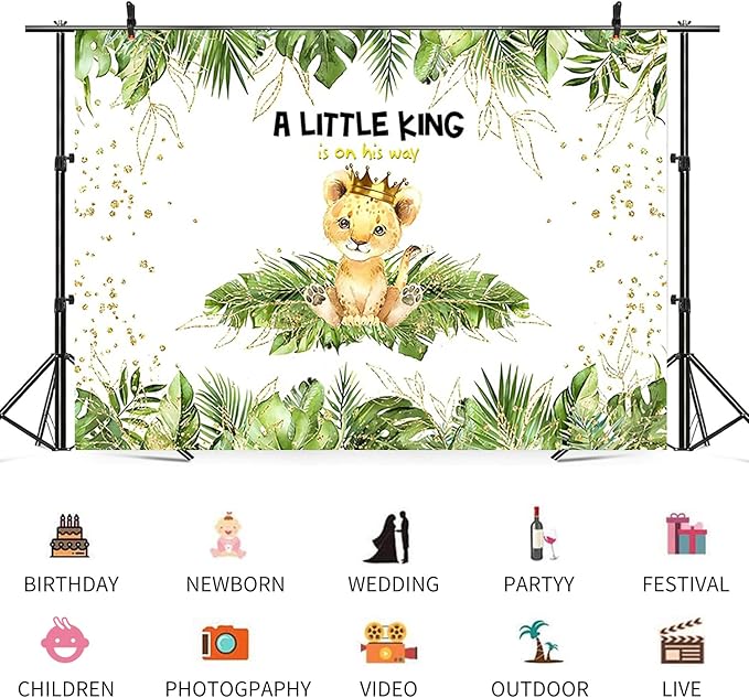 6x4ft Baby Shower Backdrop A Little King is On His Way Photography Background Lion Crown Jungle Forest Green Leaf Kid Birthday Party Banner Decorations Newborn Portrait Photo Booth Prop