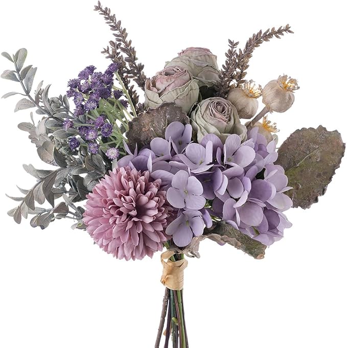 13-inch Small Artificial Fake Flowers for Table Arrangements, Silk Faux Bouquets with Three Roasted Edge Roses, Hydrangeas, Globeflower, babysbreaths, Ideal for The Kitchen or Bedroom.